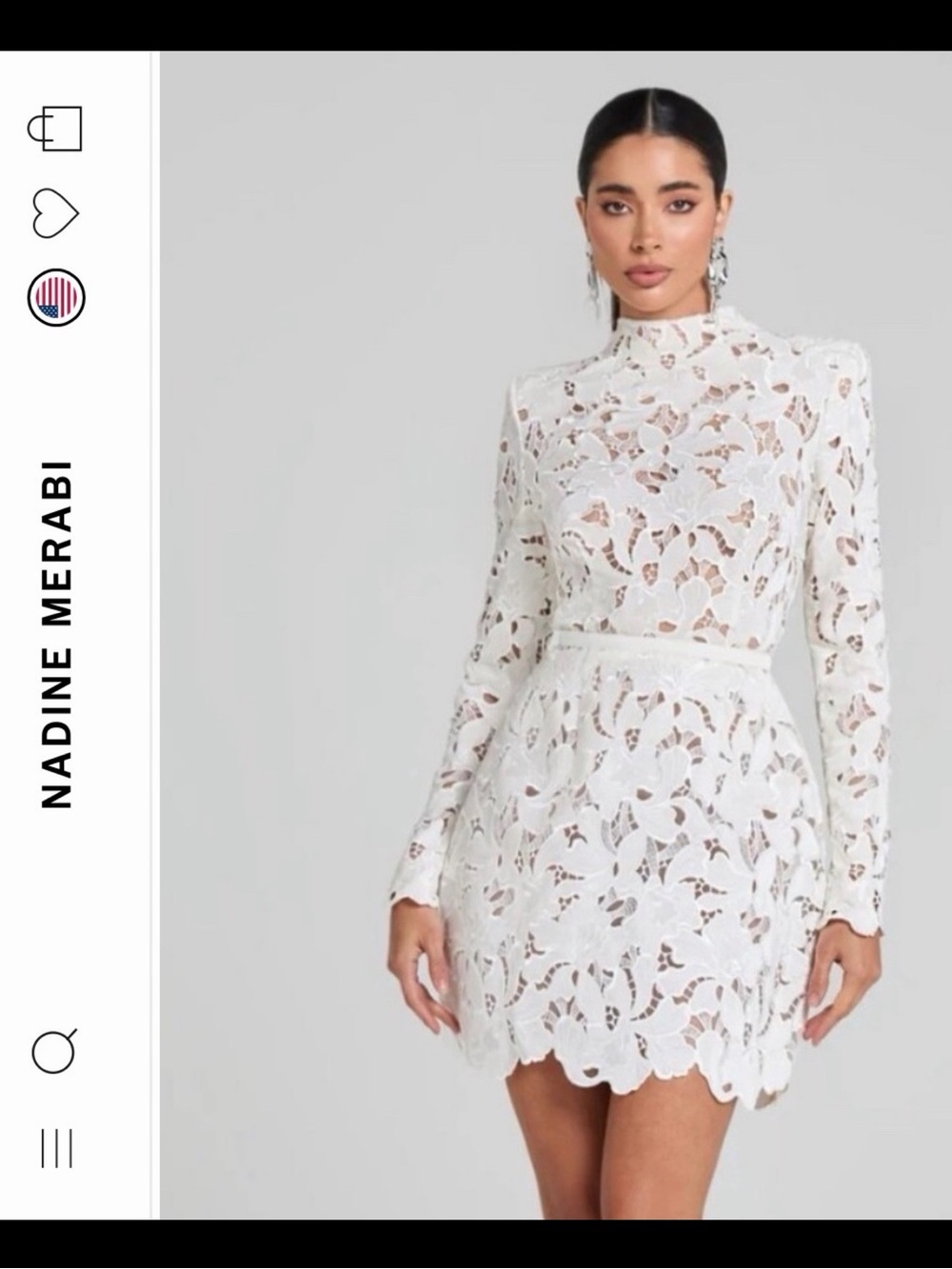 NADINE MERABI White Lace High-Neck Long-Sleeve Mini Dress LYDIA DRESS M US 6